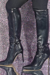 Buckle Detail Pointed Knee High Stiletto Heeled Boots